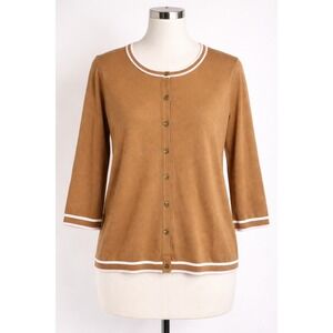 Talbots XL Charming Tipped Cardigan 3/4 slv Cafe Au Lait Tan Pink White Trim EUC